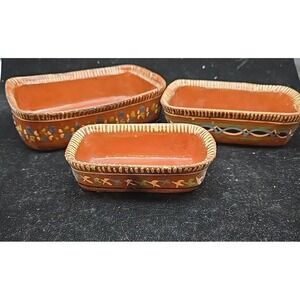 Vtg Redware Pottery Clay Bowls Mexican Rectangles Painted  3 piece Primitive